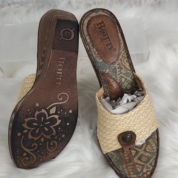 Born, Beige leather straw W62238 wedge platform Thong Sandal Shoes Sz 8/39 - Picture 7 of 7